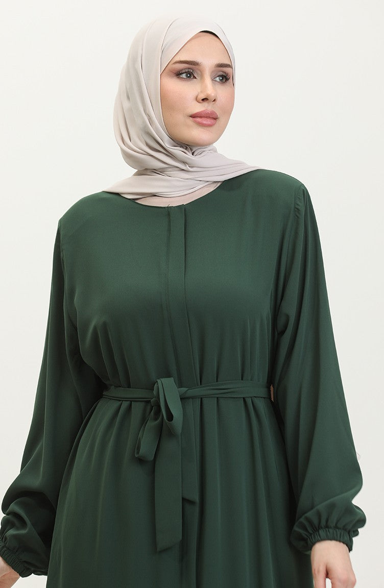 Femme Grande Taille Hijab Abaya Fermeture éclair Côté Cravate Ceinturée Abaya Robe Surdimensionnée 5084 Vert émeraude 5084.ZÜMRÜT YEŞİLİ
