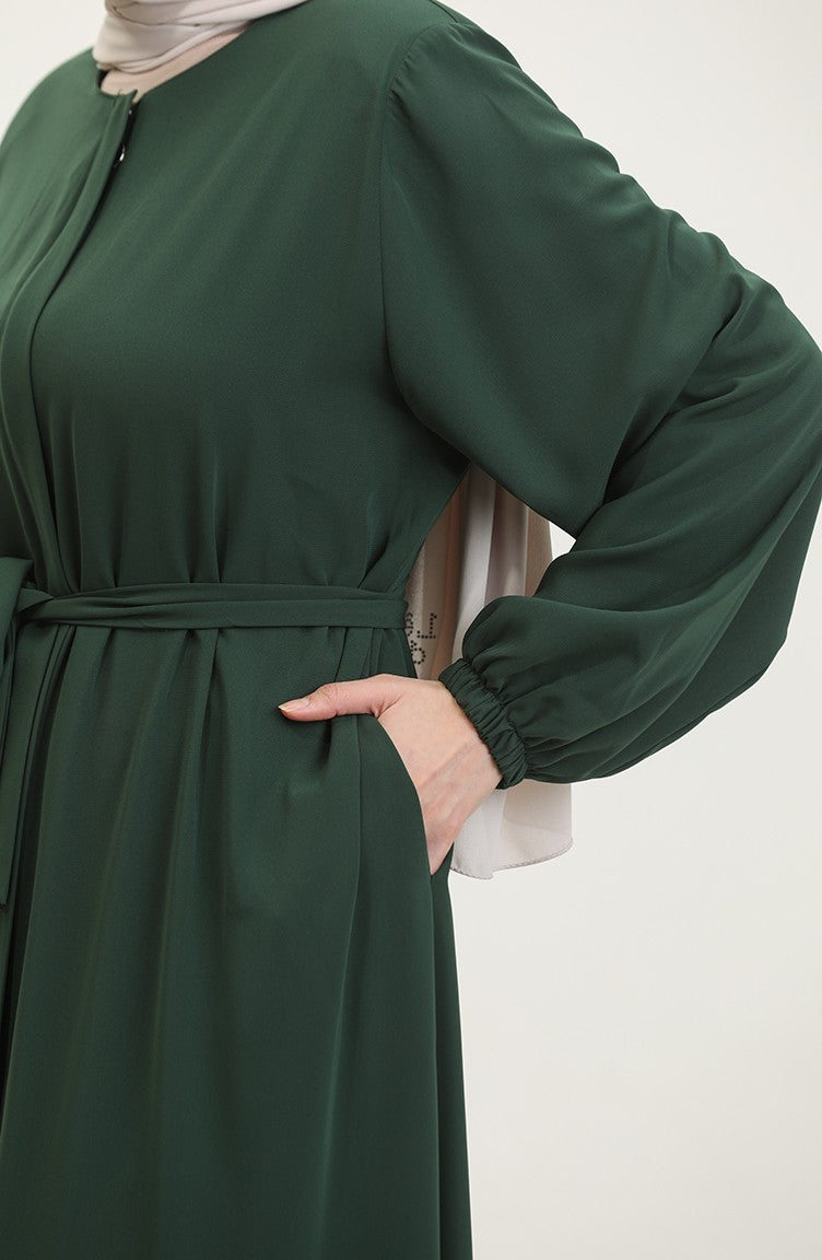 Femme Grande Taille Hijab Abaya Fermeture éclair Côté Cravate Ceinturée Abaya Robe Surdimensionnée 5084 Vert émeraude 5084.ZÜMRÜT YEŞİLİ