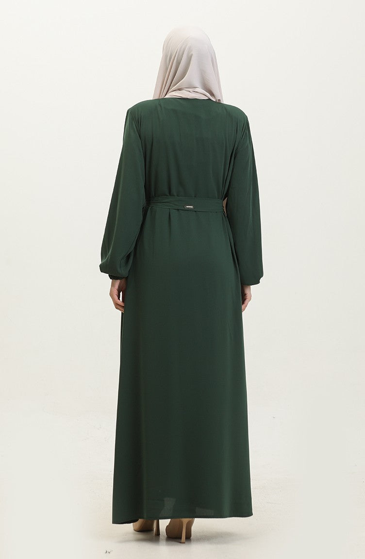 Femme Grande Taille Hijab Abaya Fermeture éclair Côté Cravate Ceinturée Abaya Robe Surdimensionnée 5084 Vert émeraude 5084.ZÜMRÜT YEŞİLİ
