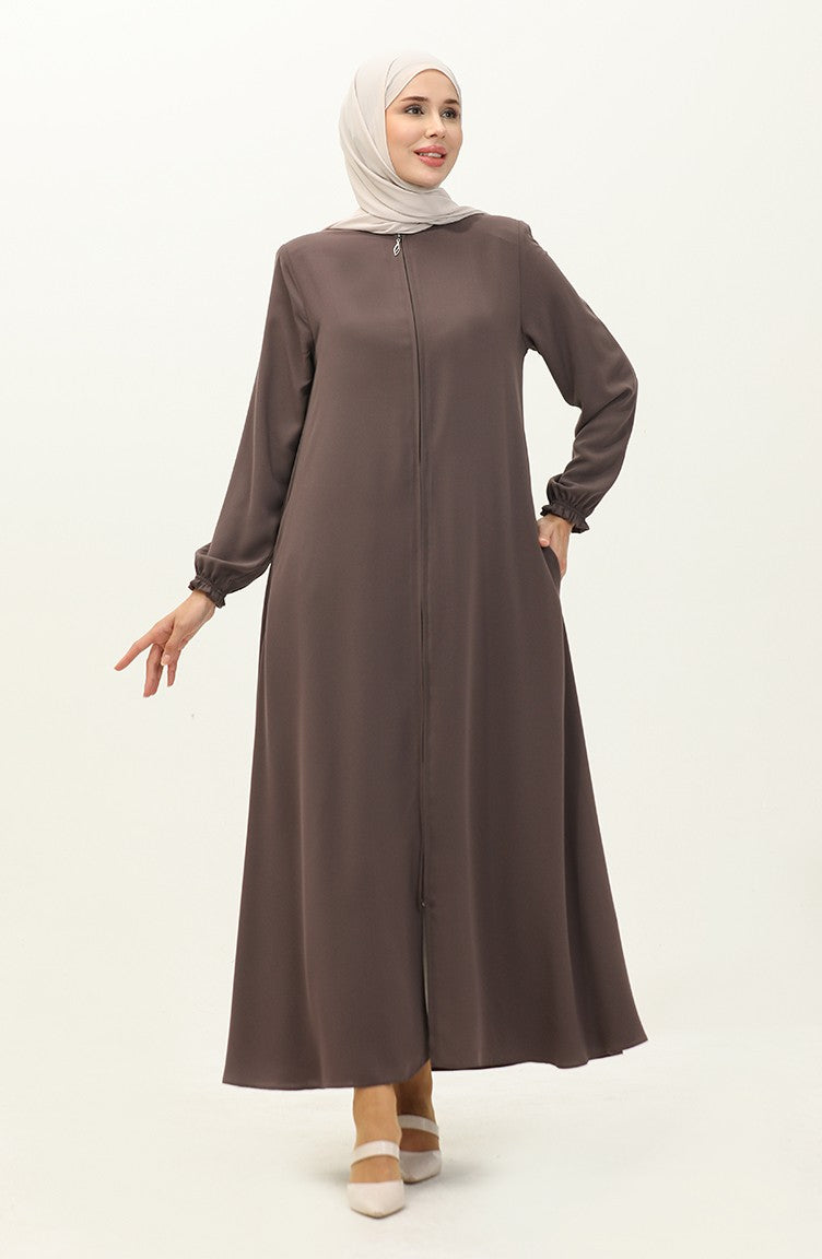 Abaya A Fermeture Et Extrémité Des Manches Elastiques 6124-01 Vison Foncé 6124-01
