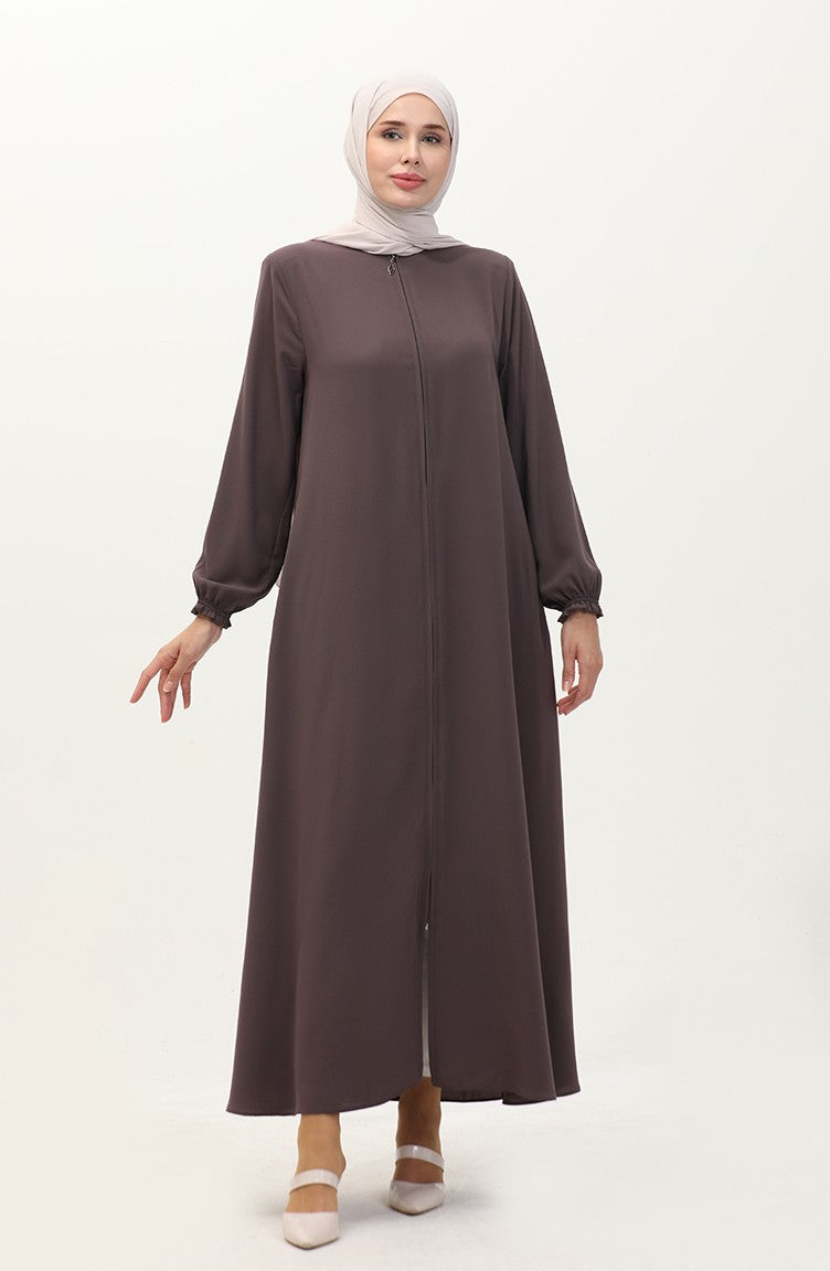 Abaya A Fermeture Et Extrémité Des Manches Elastiques 6124-01 Vison Foncé 6124-01