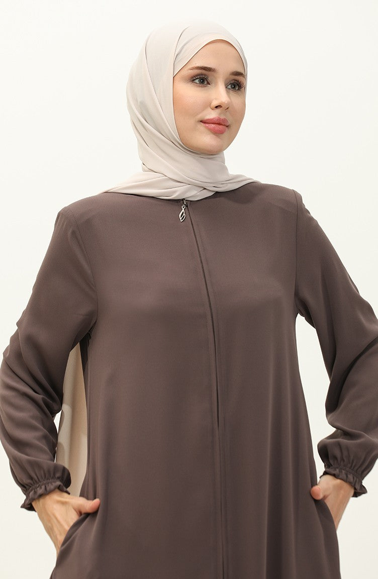 Abaya A Fermeture Et Extrémité Des Manches Elastiques 6124-01 Vison Foncé 6124-01