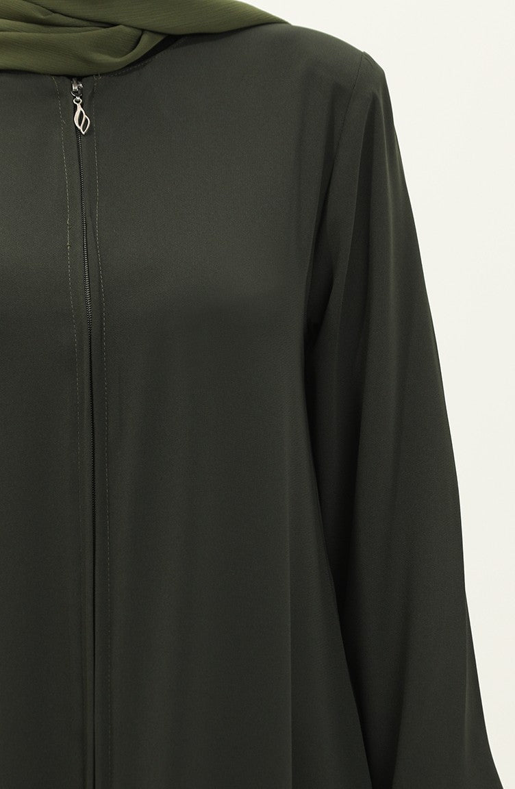 Abaya à Fermeture Manches Élastique 6124-03 Khaki 6124-03