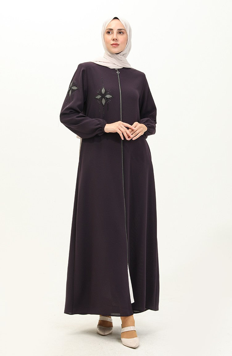Abaya en Pierre de Tissu de Nid D'abeilles 6128-07 Pourpre 6128-07