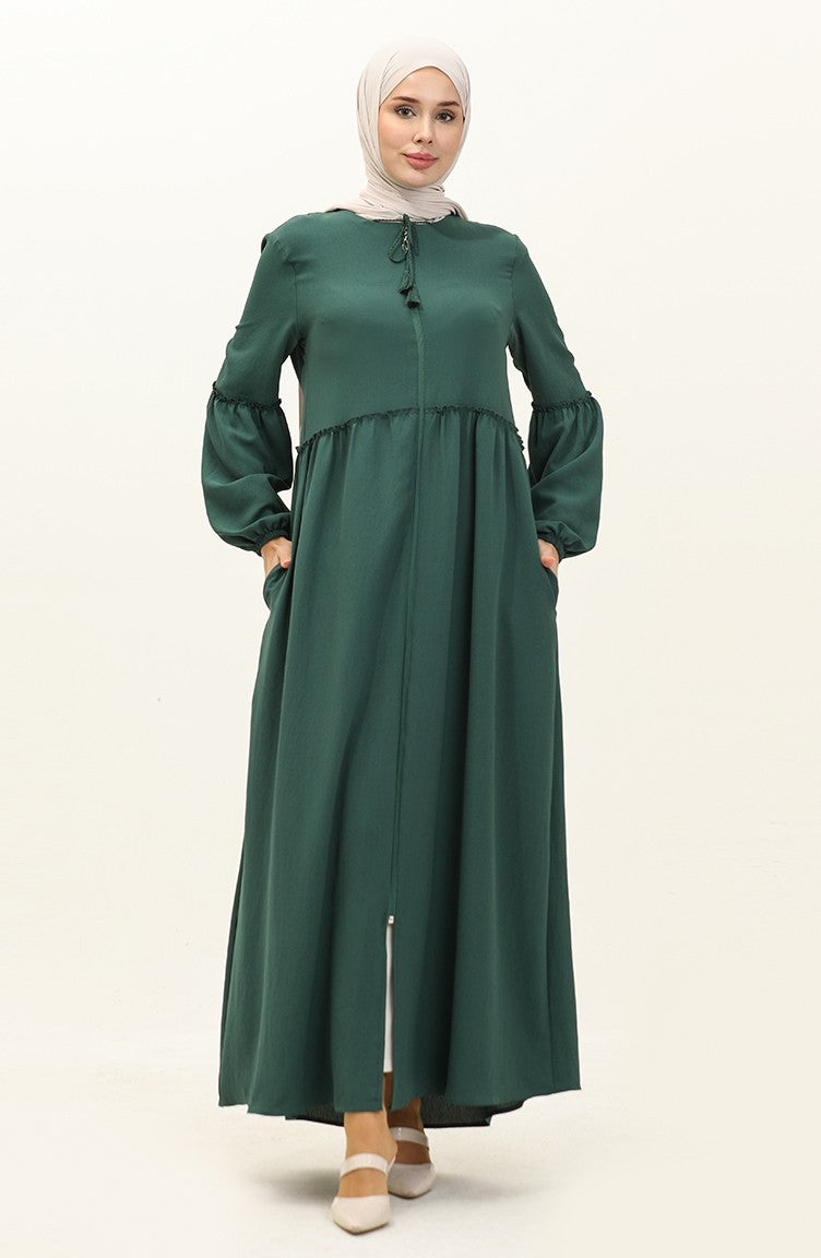 Abaya Plissée à Fermeture Tissu Aerobin 2004-02 Vert Emeraude2004-02