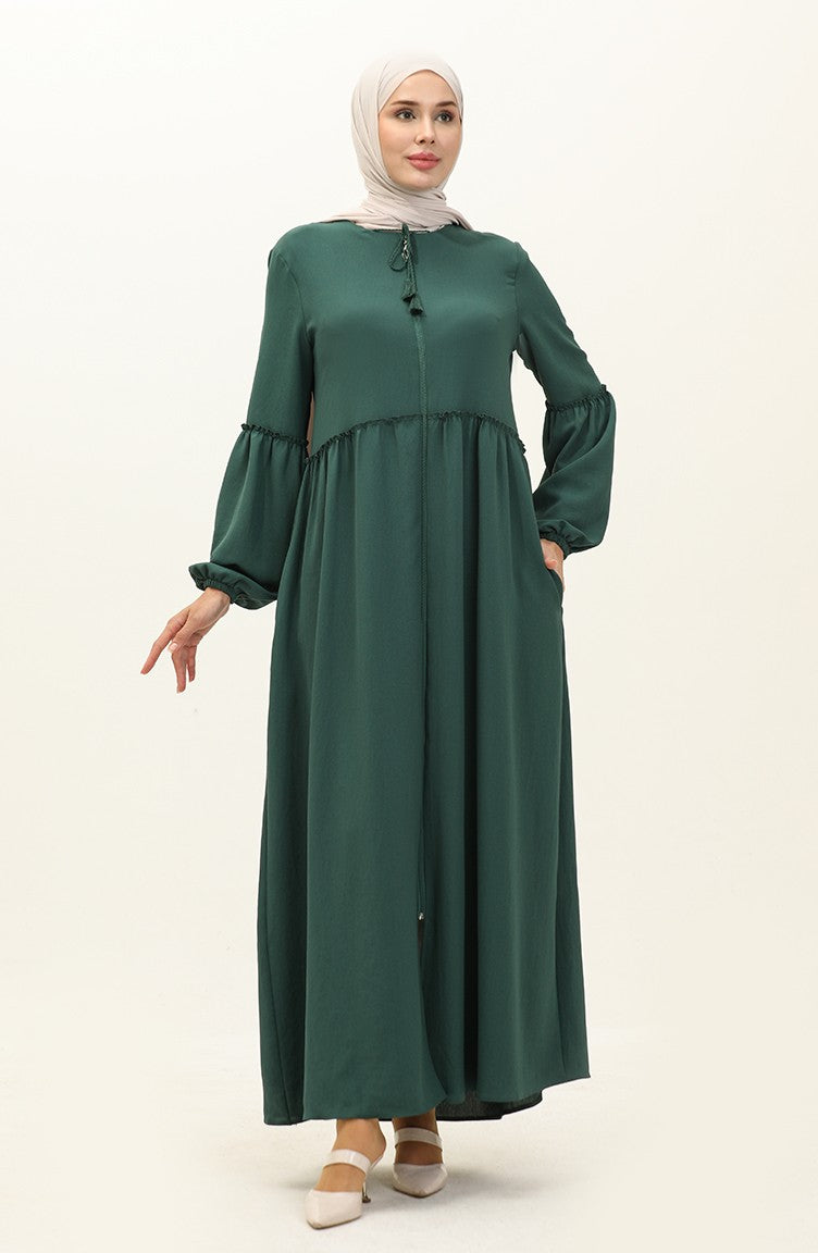 Abaya Plissée à Fermeture Tissu Aerobin 2004-02 Vert Emeraude2004-02