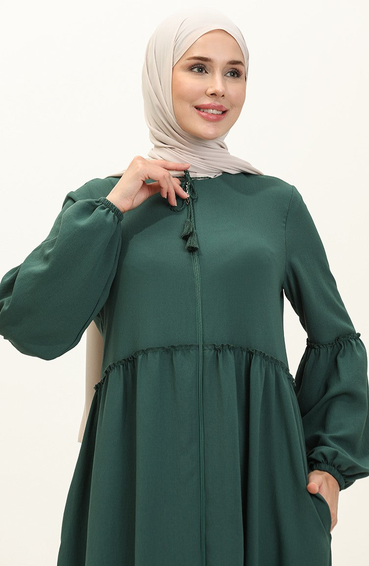 Abaya Plissée à Fermeture Tissu Aerobin 2004-02 Vert Emeraude2004-02