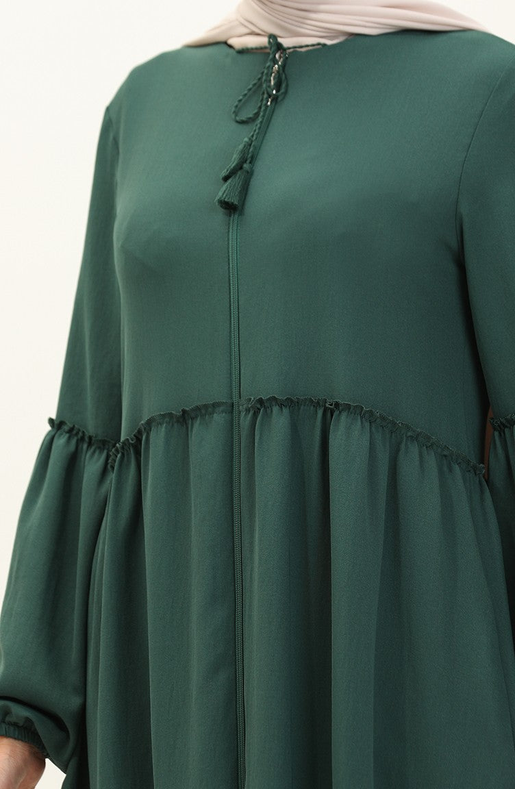 Abaya Plissée à Fermeture Tissu Aerobin 2004-02 Vert Emeraude2004-02