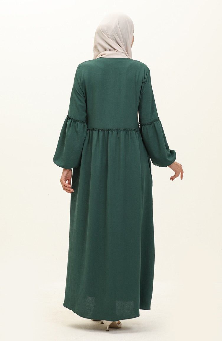 Abaya Plissée à Fermeture Tissu Aerobin 2004-02 Vert Emeraude2004-02