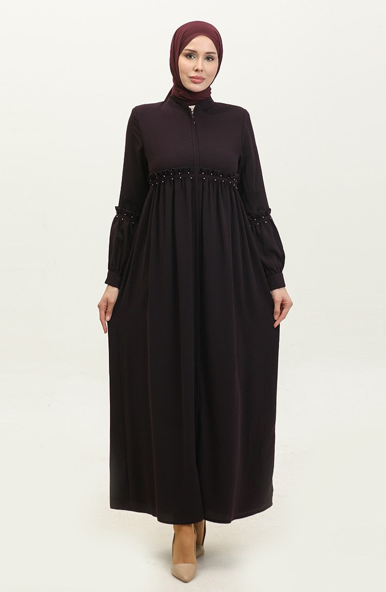 Jamila Summer Abaya Avec Perles Prune 5928.MÜRDÜM