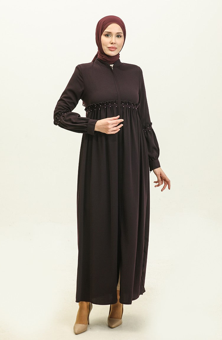 Jamila Summer Abaya Avec Perles Prune 5928.MÜRDÜM