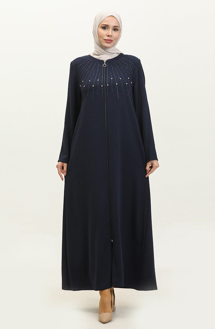 Jamila Jacquard Floral à Motifs été Abaya Femme Bleu Marine 6049.LACİVERT