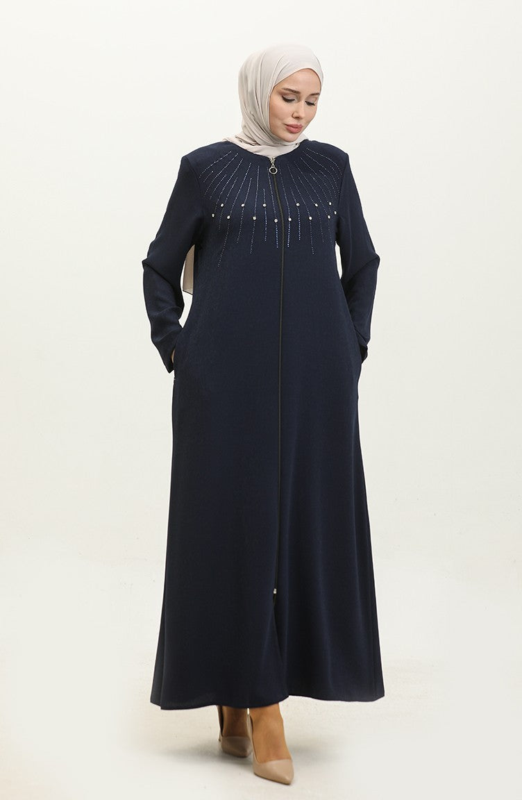 Jamila Jacquard Floral à Motifs été Abaya Femme Bleu Marine 6049.LACİVERT