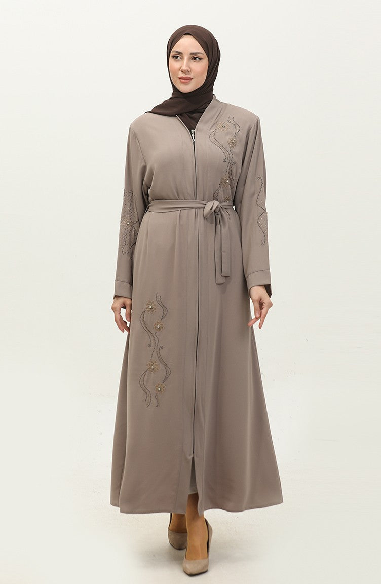 Café Au Lait Abaya Zippé Et Lapidé Brodé 7847.Sütlü Kahve