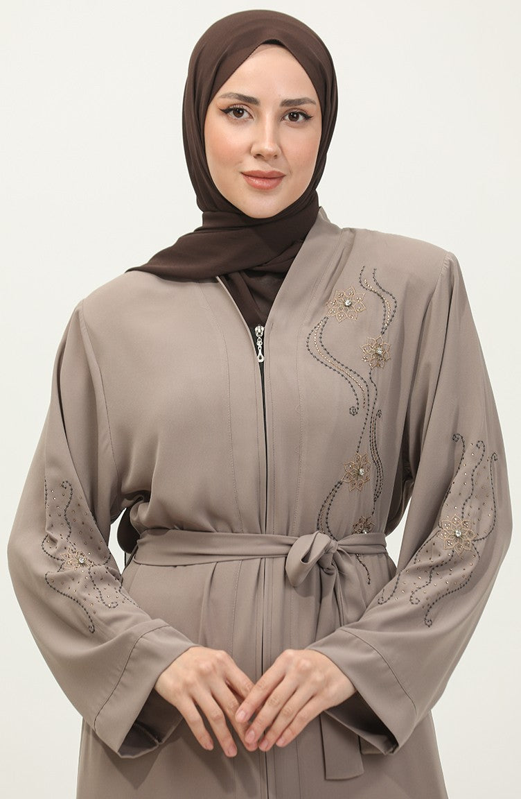 Café Au Lait Abaya Zippé Et Lapidé Brodé 7847.Sütlü Kahve