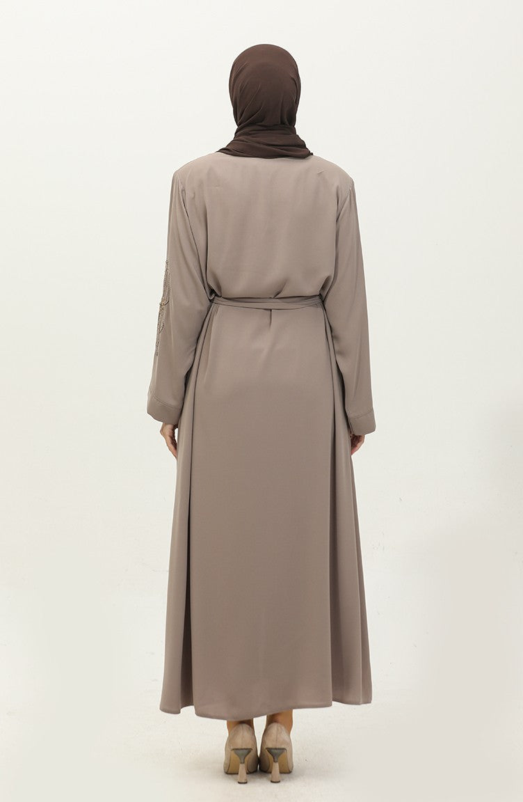 Café Au Lait Abaya Zippé Et Lapidé Brodé 7847.Sütlü Kahve