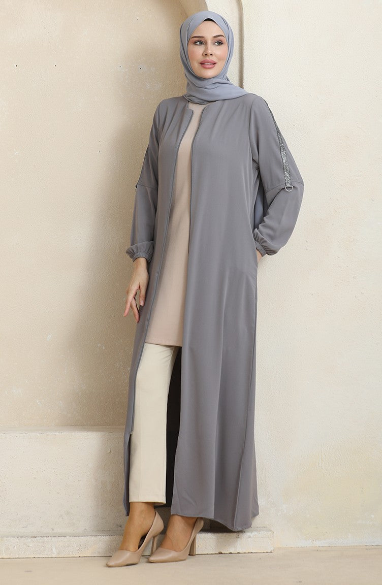 Abaya à Motifs Pierres Latérales 0464-06 Gris 0464-06