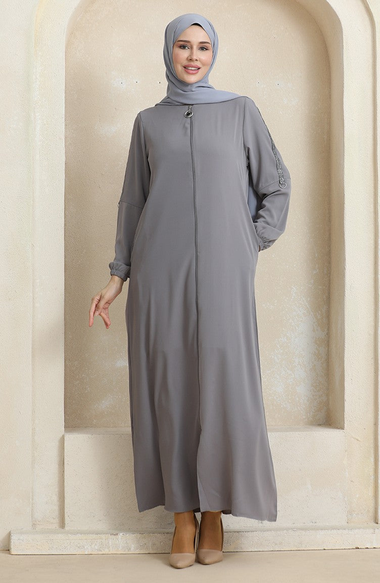 Abaya à Motifs Pierres Latérales 0464-06 Gris 0464-06