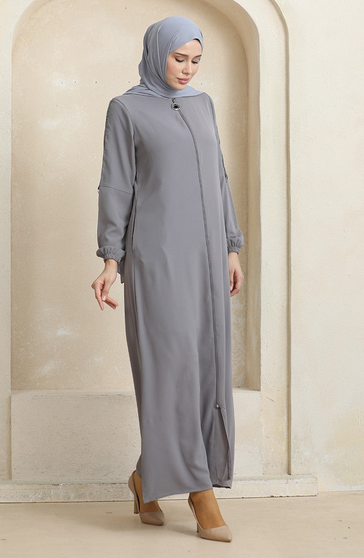 Abaya à Motifs Pierres Latérales 0464-06 Gris 0464-06