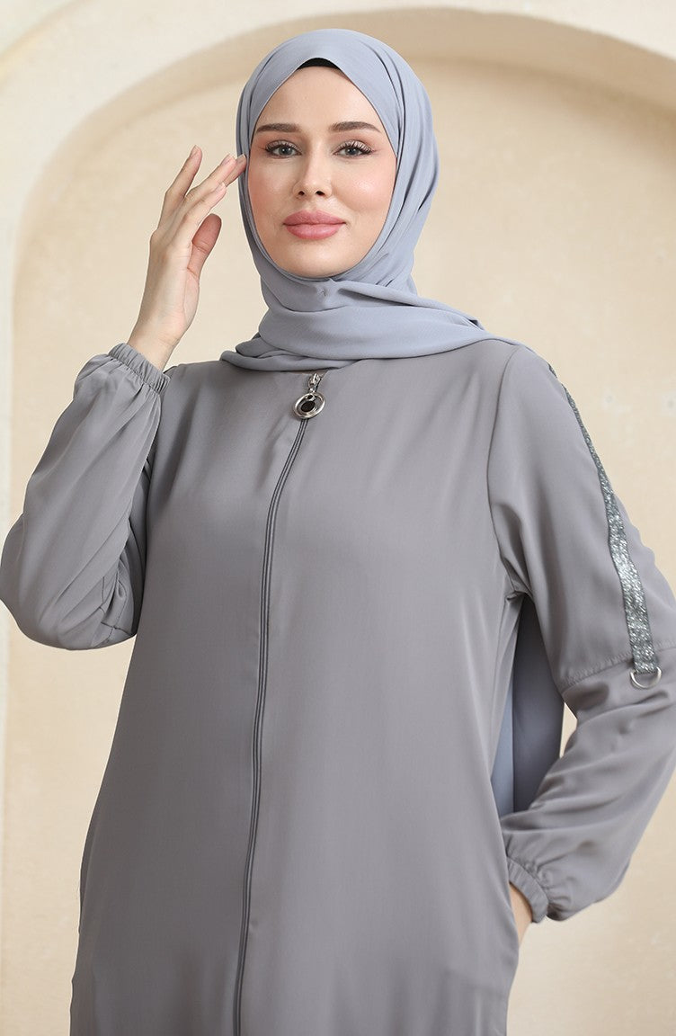 Abaya à Motifs Pierres Latérales 0464-06 Gris 0464-06