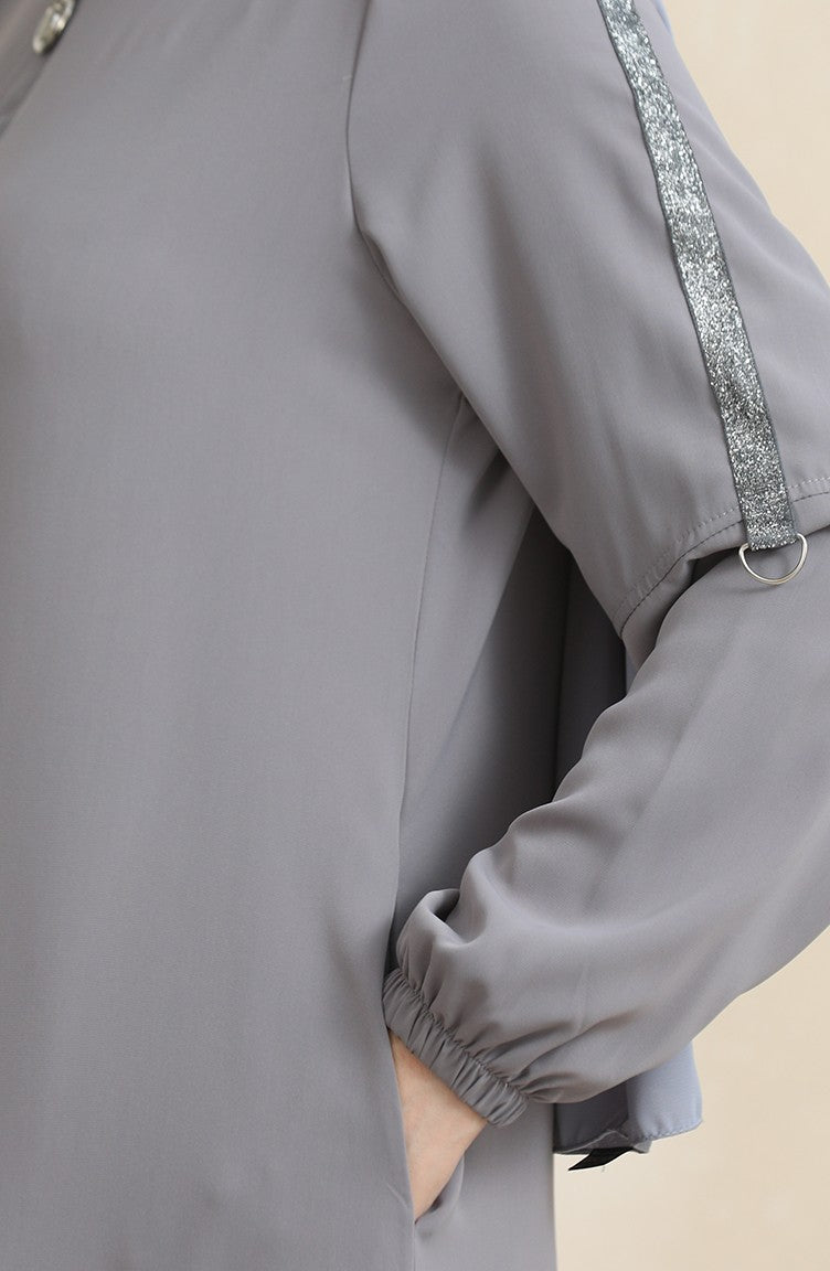 Abaya à Motifs Pierres Latérales 0464-06 Gris 0464-06