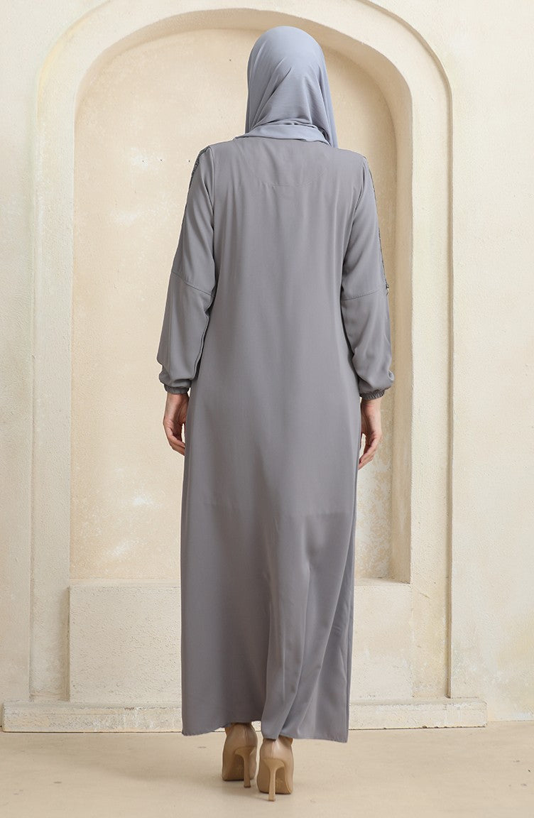 Abaya à Motifs Pierres Latérales 0464-06 Gris 0464-06