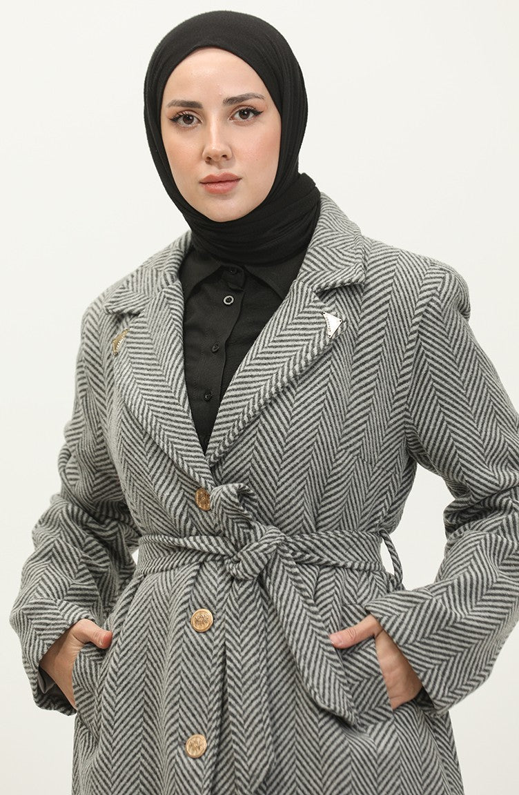 Manteau à Revers à Chevrons Grande Taille Gris K332 689