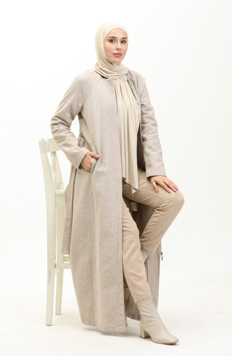 Vivezza Manteau Doublé à Chevrons Estampés Abaya 6991-05 Beige 6991-05