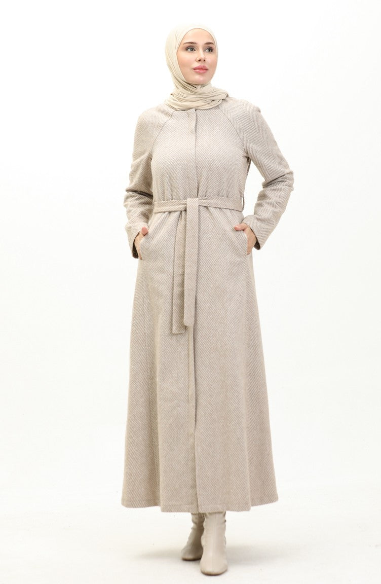 Vivezza Manteau Doublé à Chevrons Estampés Abaya 6991-05 Beige 6991-05
