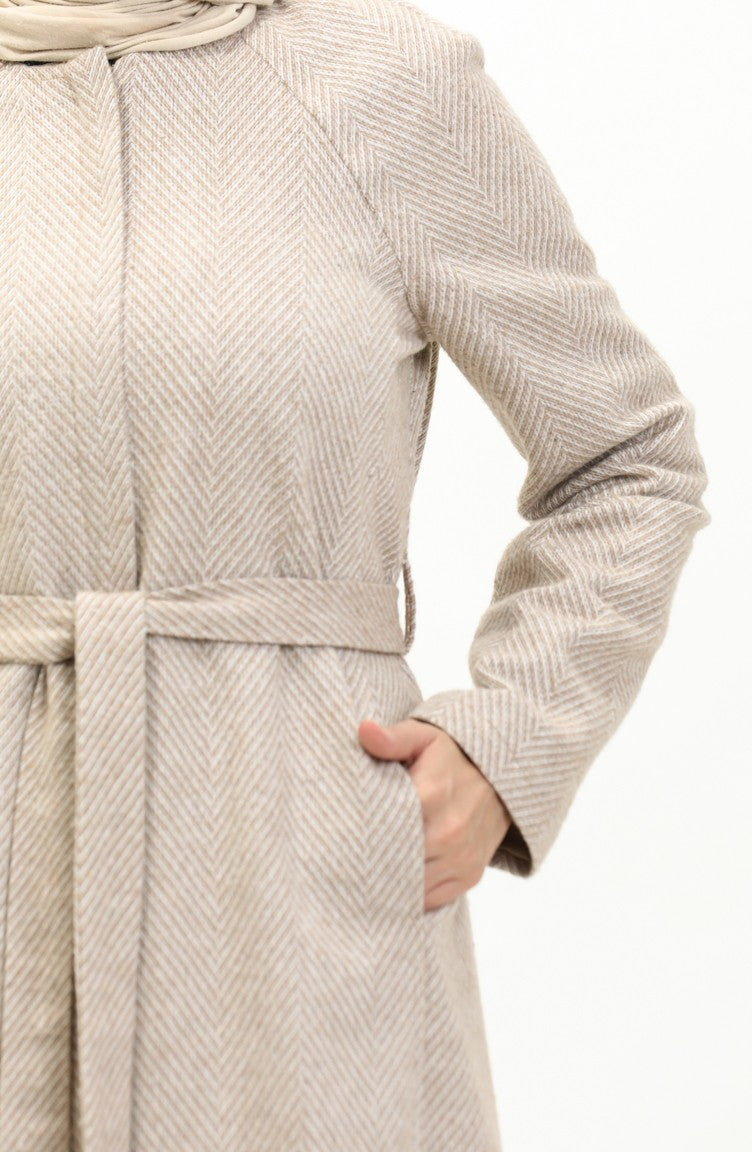 Vivezza Manteau Doublé à Chevrons Estampés Abaya 6991-05 Beige 6991-05