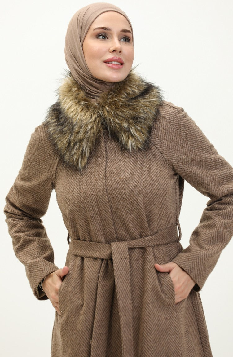 Vivezza Manteau Doublé De Timbre à Chevrons En Fourrure Mobile 6993-06 Moutarde 6993-06