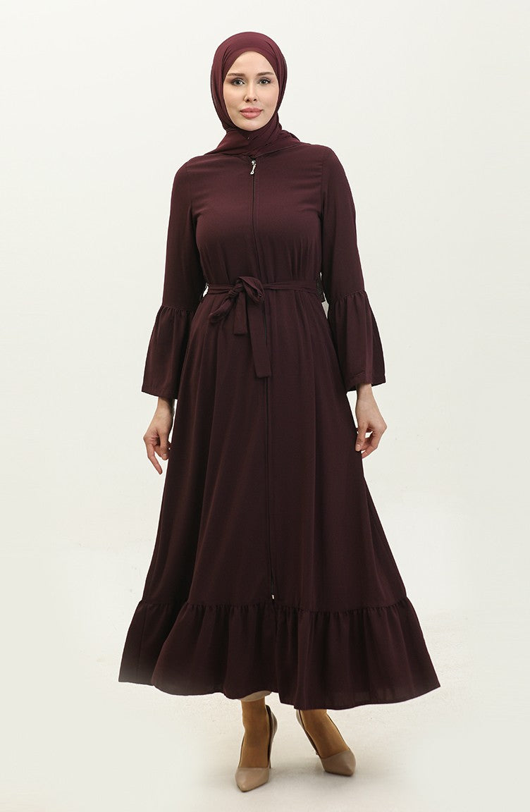 Jamila Abaya D`été Zippée Détaillée à Volants Et Prune 6011.mürdüm