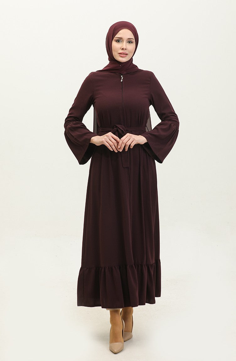 Jamila Abaya D`été Zippée Détaillée à Volants Et Prune 6011.mürdüm