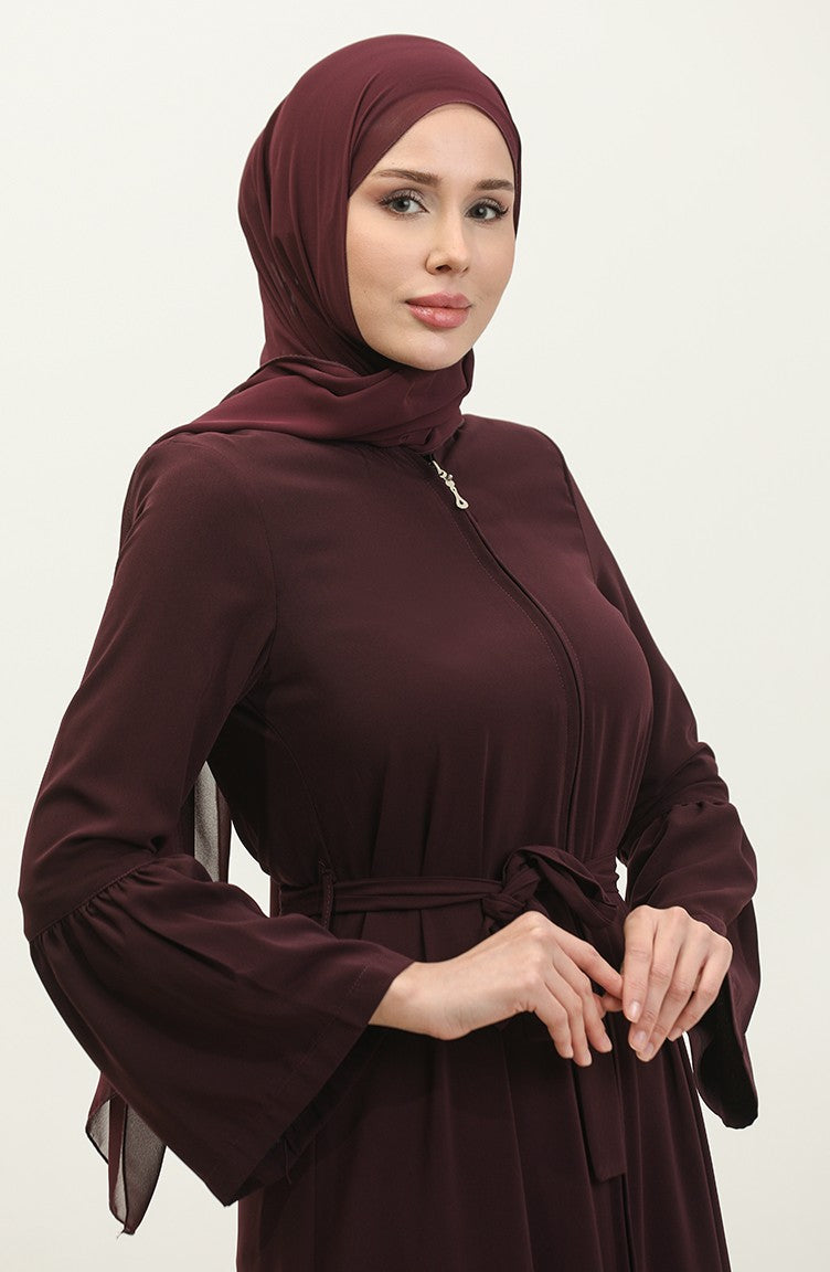 Jamila Abaya D`été Zippée Détaillée à Volants Et Prune 6011.mürdüm