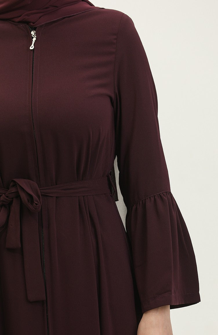 Jamila Abaya D`été Zippée Détaillée à Volants Et Prune 6011.mürdüm