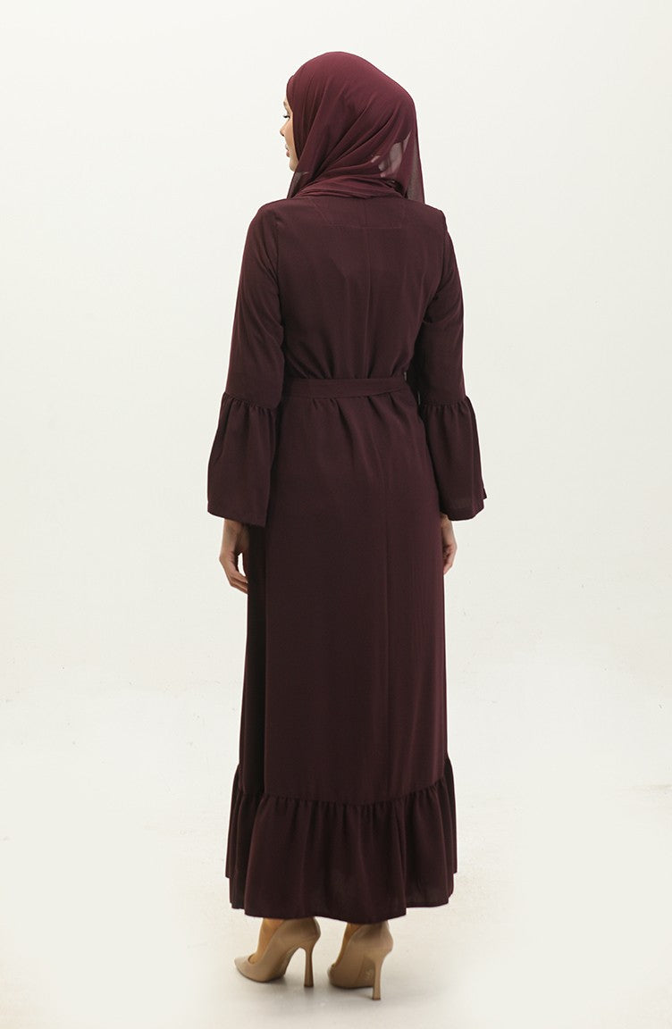 Jamila Abaya D`été Zippée Détaillée à Volants Et Prune 6011.mürdüm