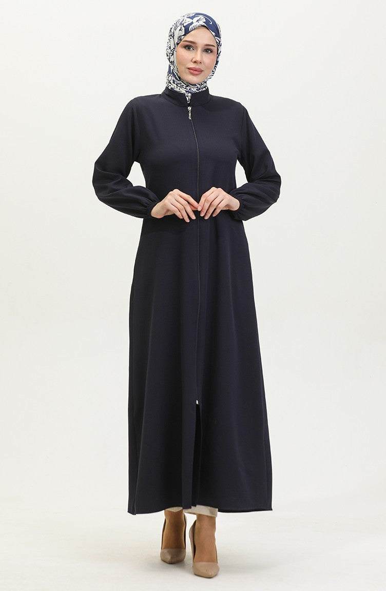 Abaya Plaine A Fermeture Et Extrémité Des Manches Elastiques 1013-03 Bleu Marine 1013-03