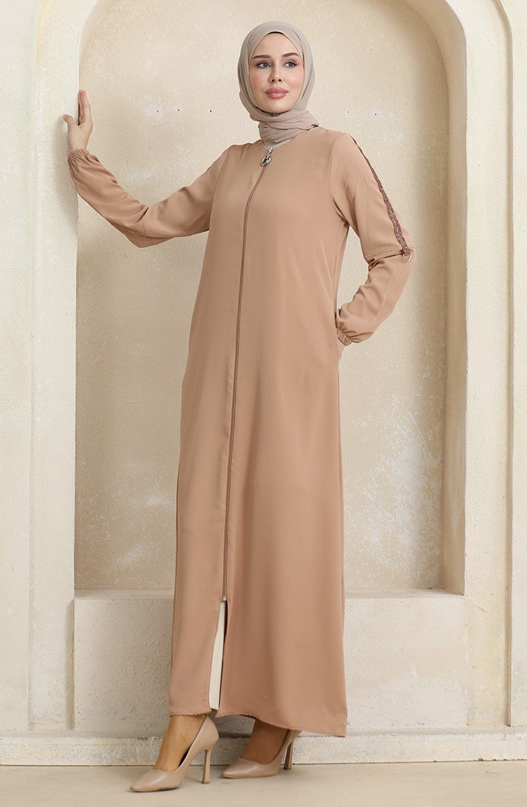 Abaya Motif Pierre Latéral 0464-02 Beige Foncé 0464-02