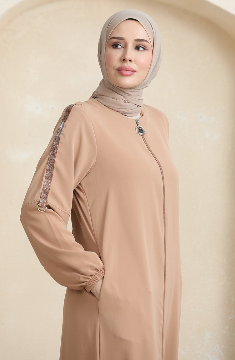 Abaya Motif Pierre Latéral 0464-02 Beige Foncé 0464-02