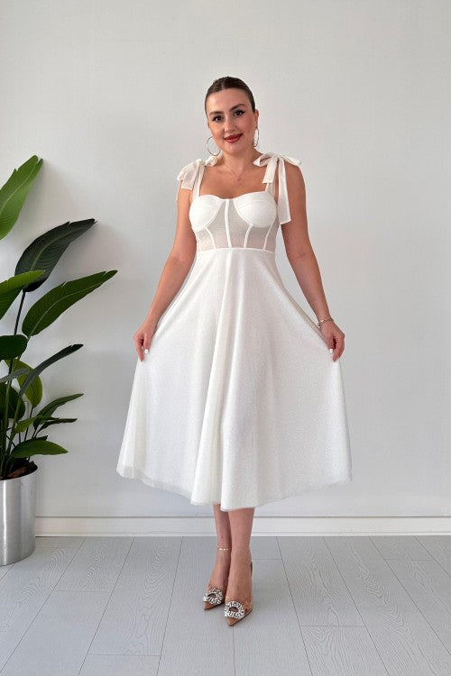 Robe de soirée évasée pailletée blanche