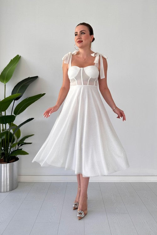 Robe de soirée évasée pailletée blanche