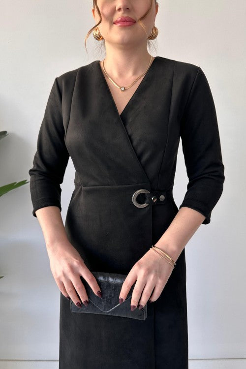 Robe croisée en daim noir