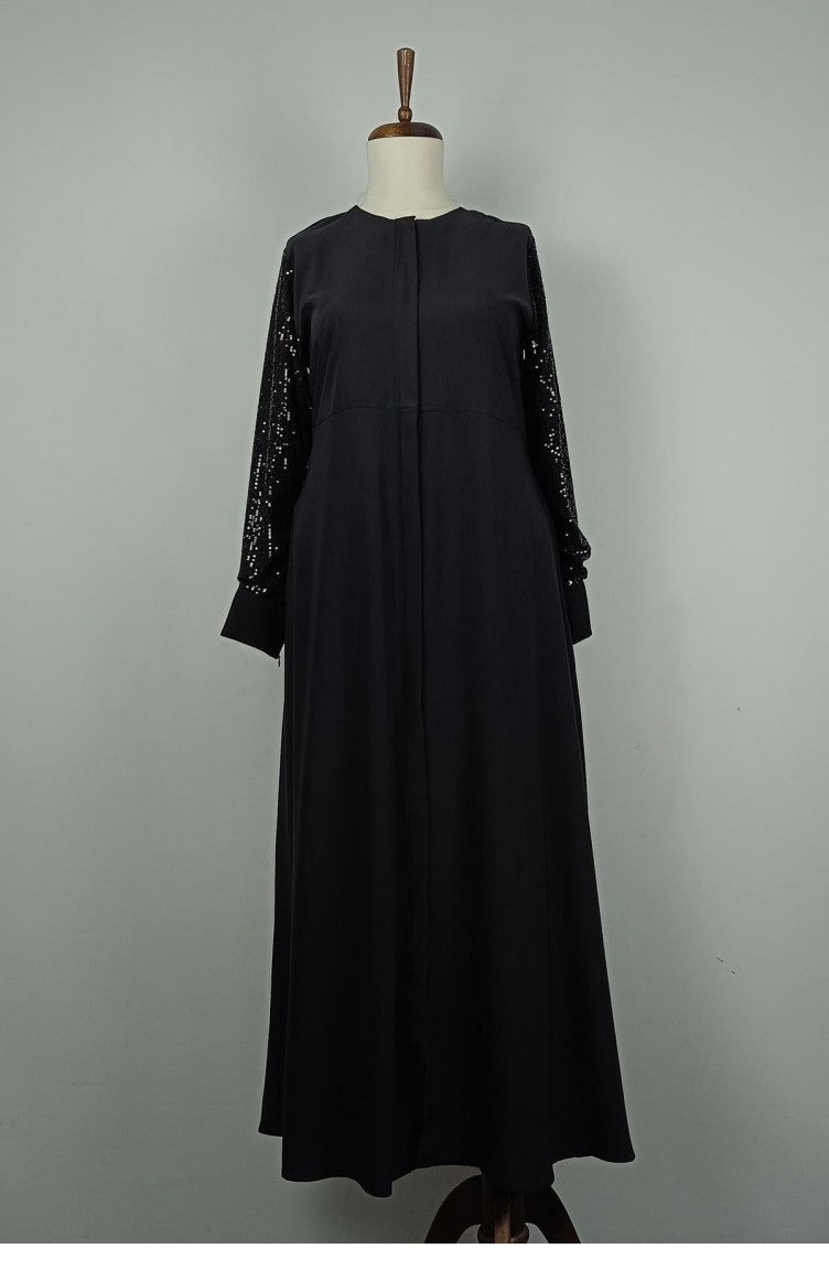 Abaya Détaillée à Manches Grande Taille Noire F36 1318