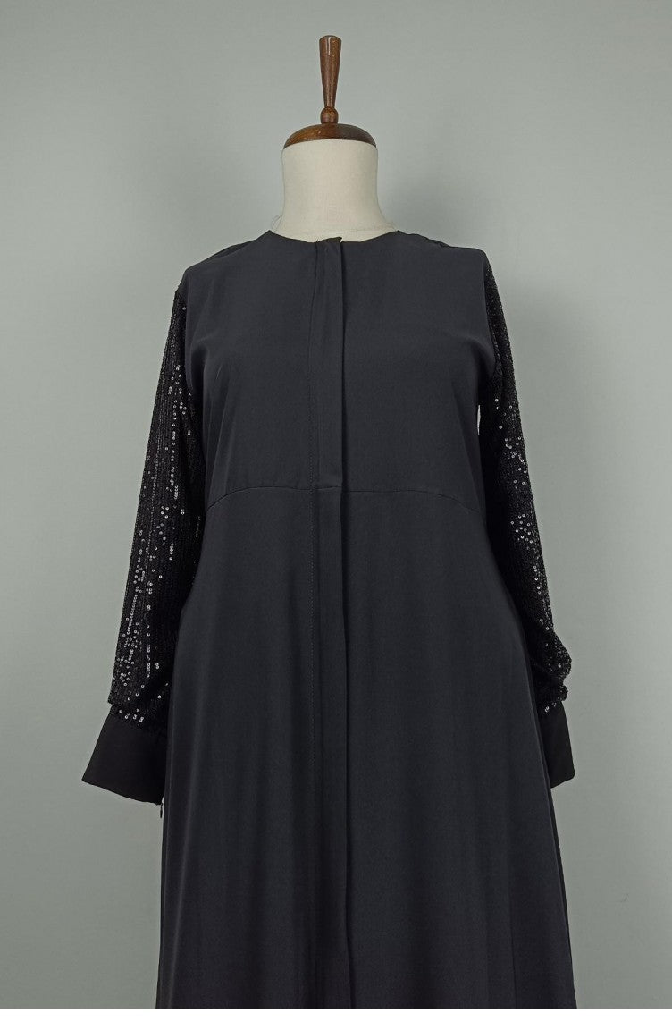 Abaya Détaillée à Manches Grande Taille Noire F36 1318