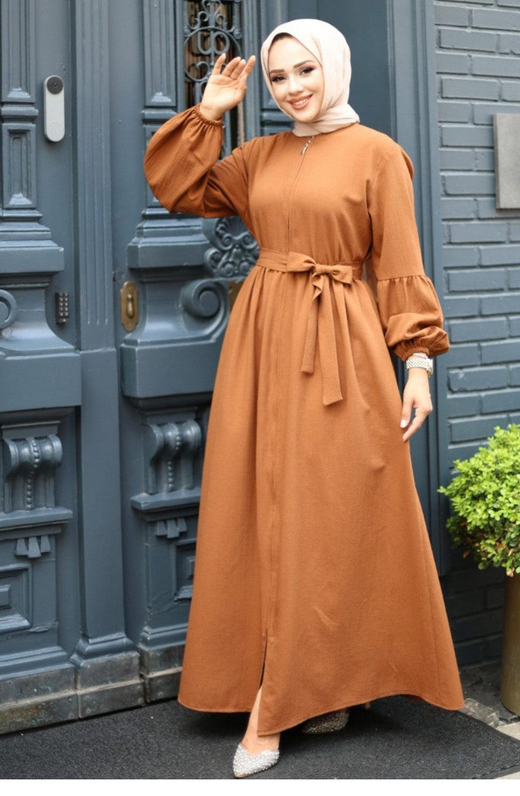 Abaya Zippée Détaillée Avec Manches Ballon Marron 4420 520
