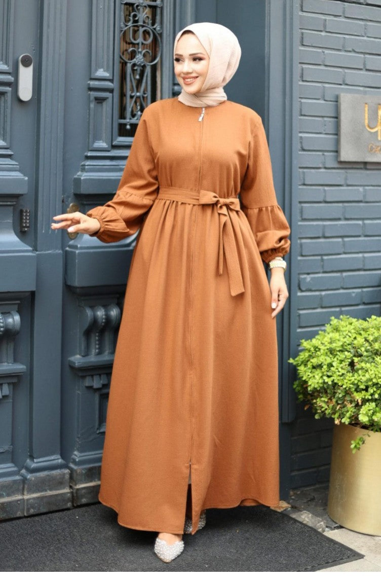 Abaya Zippée Détaillée Avec Manches Ballon Marron 4420 520
