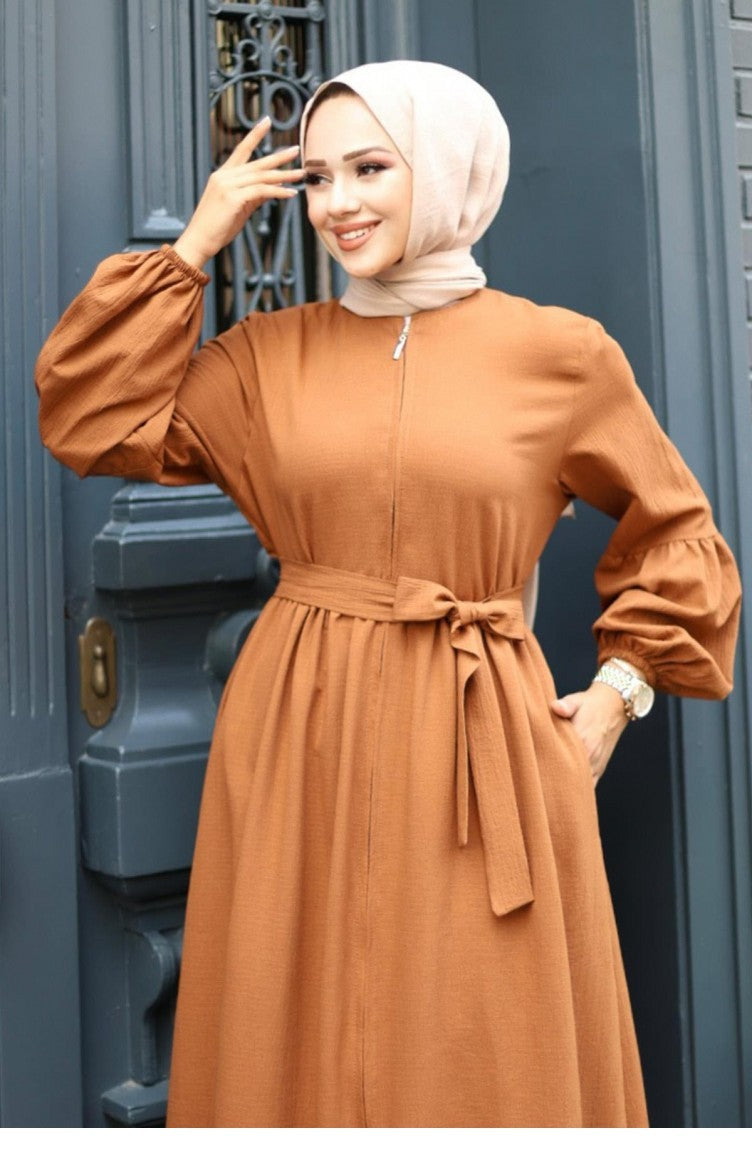 Abaya Zippée Détaillée Avec Manches Ballon Marron 4420 520