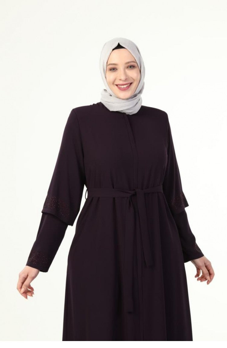 Abaya D`été Grande Taille Avec Manches En Pierre Prune 6018.Mürdüm