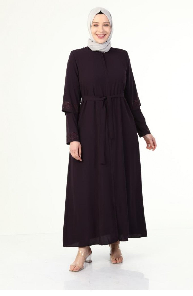 Abaya D`été Grande Taille Avec Manches En Pierre Prune 6018.Mürdüm