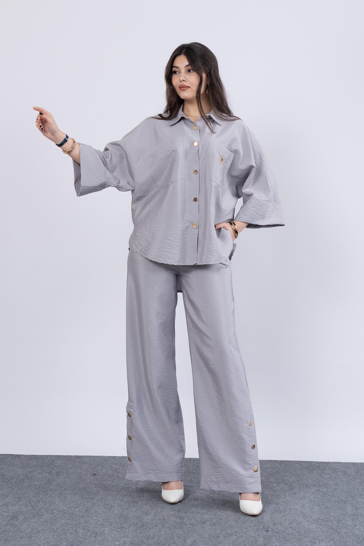Ensemble Chemise et Pantalon Femme Tendance - Gris Mélange